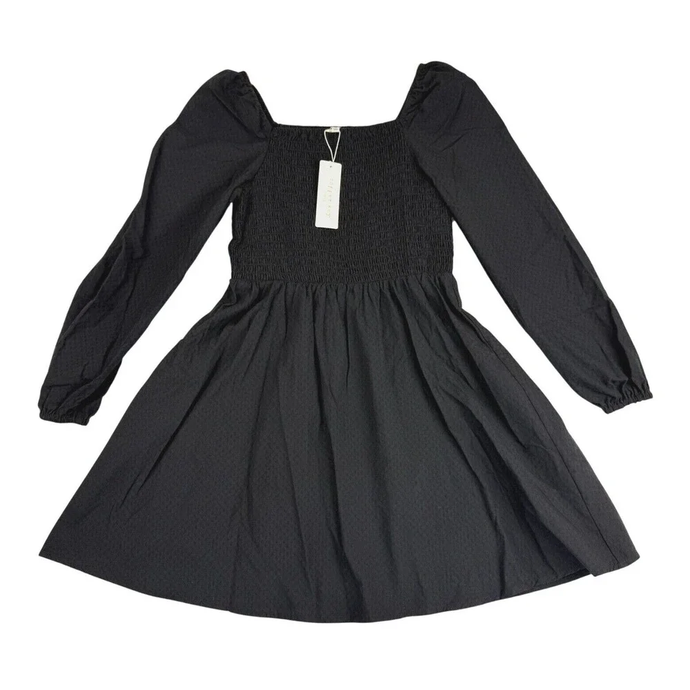 Copper Key Mini Dress Girls Large Black Smocked Pleated Square Neck Puff Sleeve